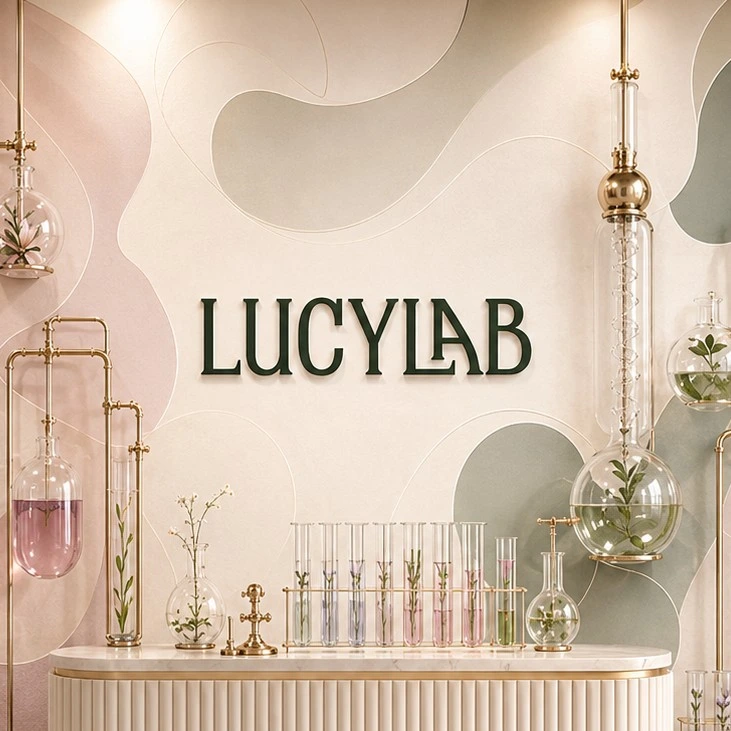 Laboratorní sklo s květinami a logem LucyLab